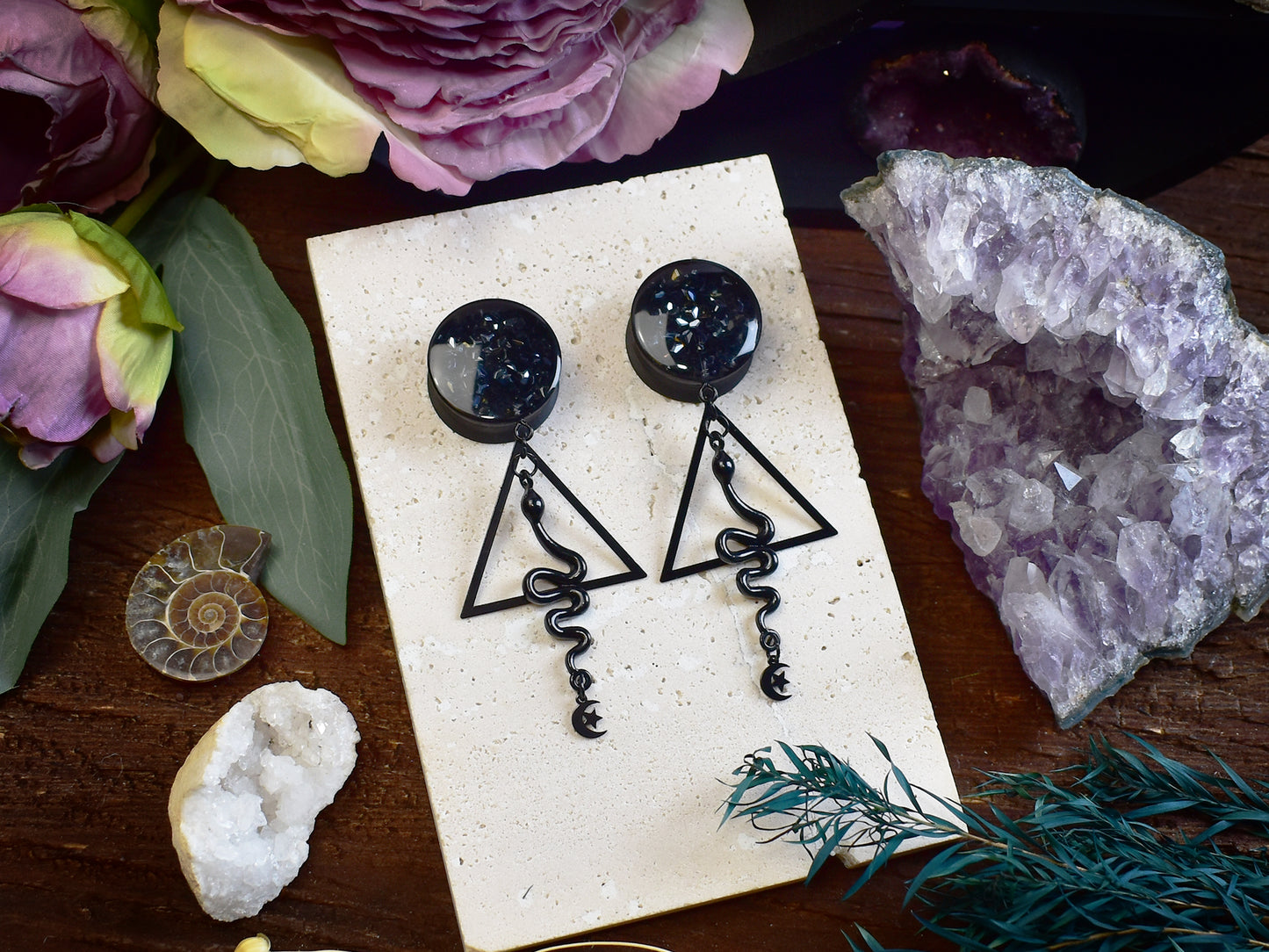 snake motif ear tunnels for stretched ears, black resin finish with sparkling rhinestones