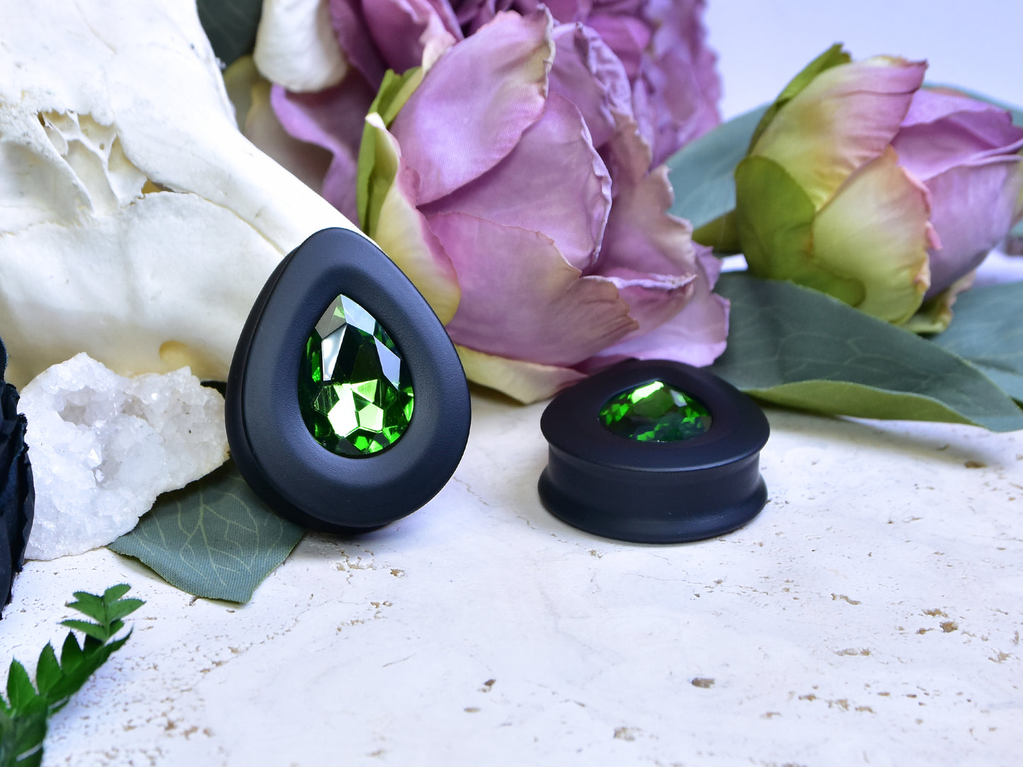 Teardrop Ear Plugs with Glass Crystal - Grass Green