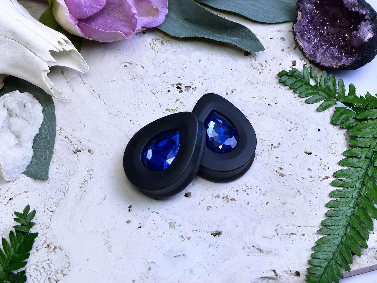 Teardrop Ear Plugs with Glass Crystal - Cobalt