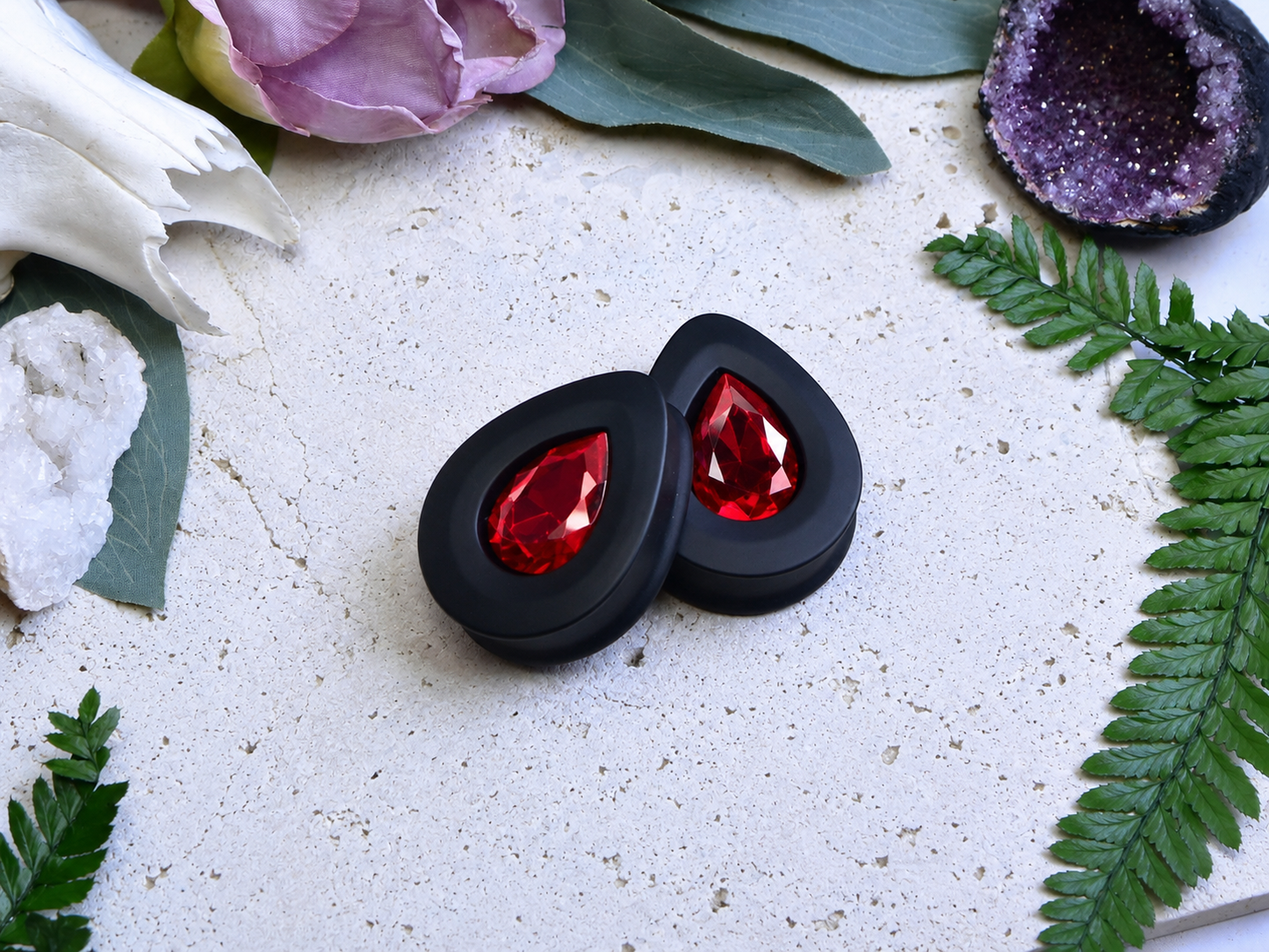 Teardrop Ear Plugs with Glass Crystal - Siam Red