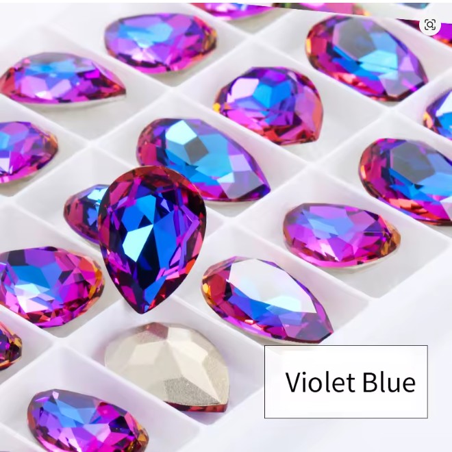 Teardrop Ear Plugs with Glass Crystal - Violet Blue
