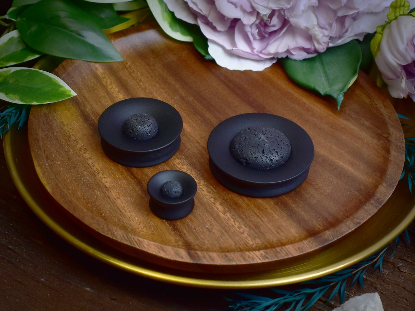 Concave Mayan Ear Plugs 10-80mm with Volcano Lava Cabochon