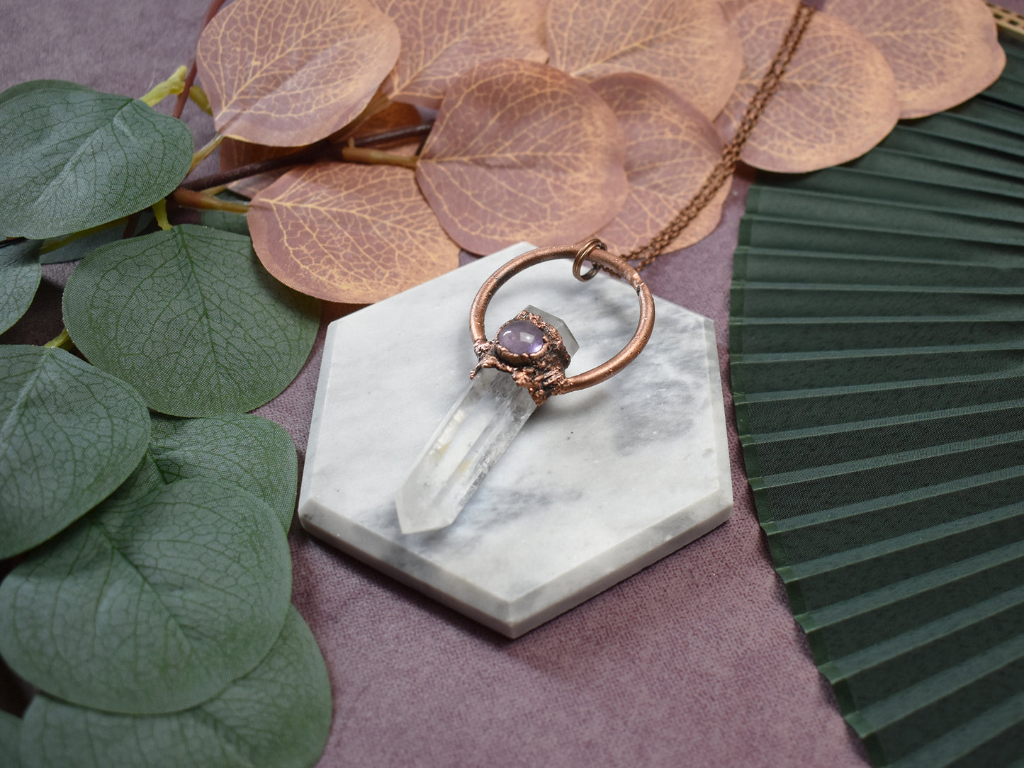 Miedziany wisior amulet z kwarcem i ametystem Spirit Of Copper