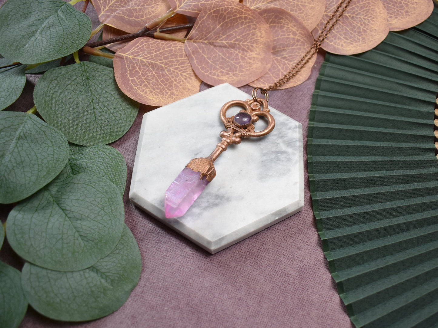 Miedziany wisior z kwarcem i ametystem, kluczyk Spirit Of Copper