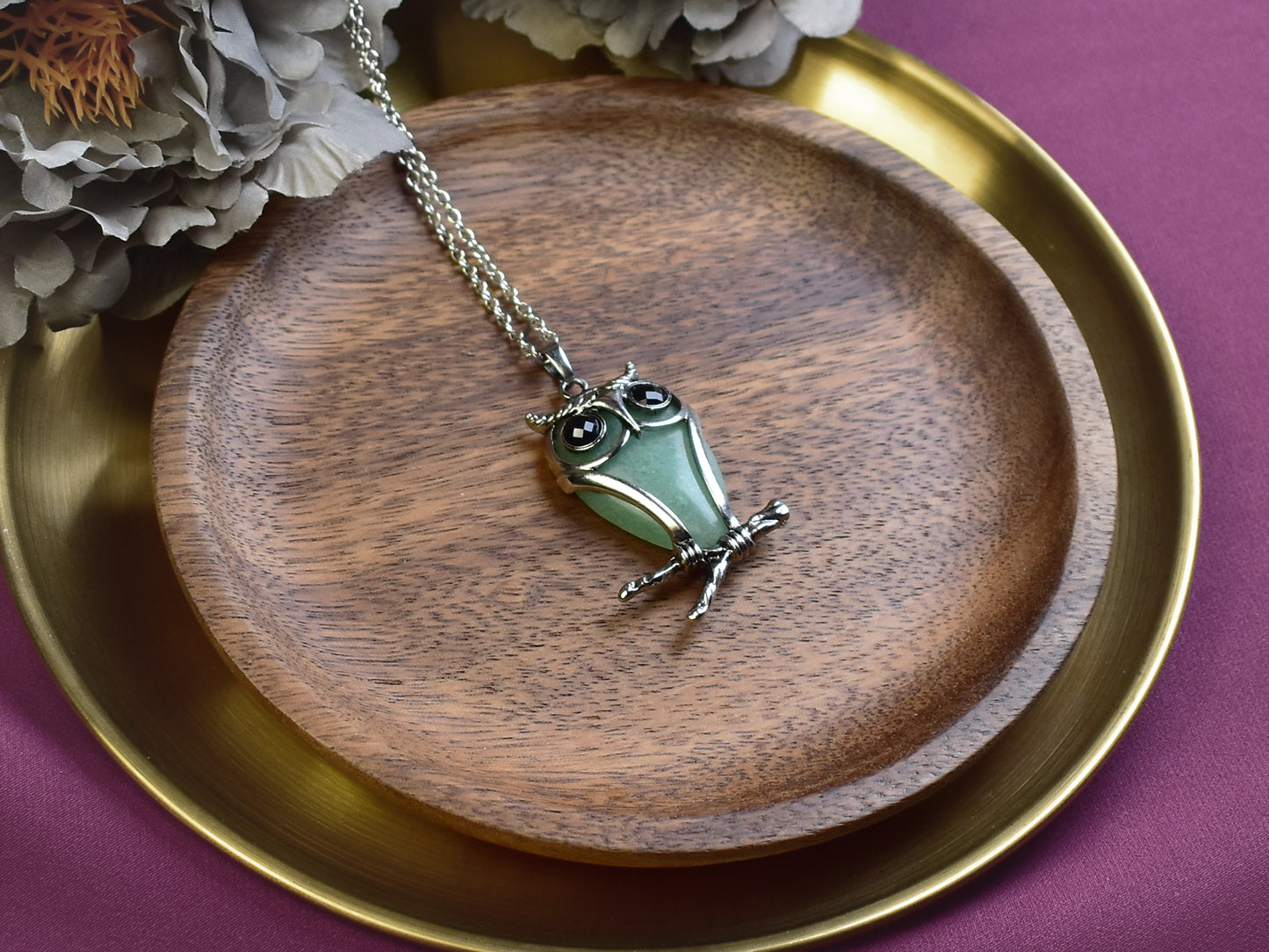 Steel Owl Pendant with Aventurine and Onyx