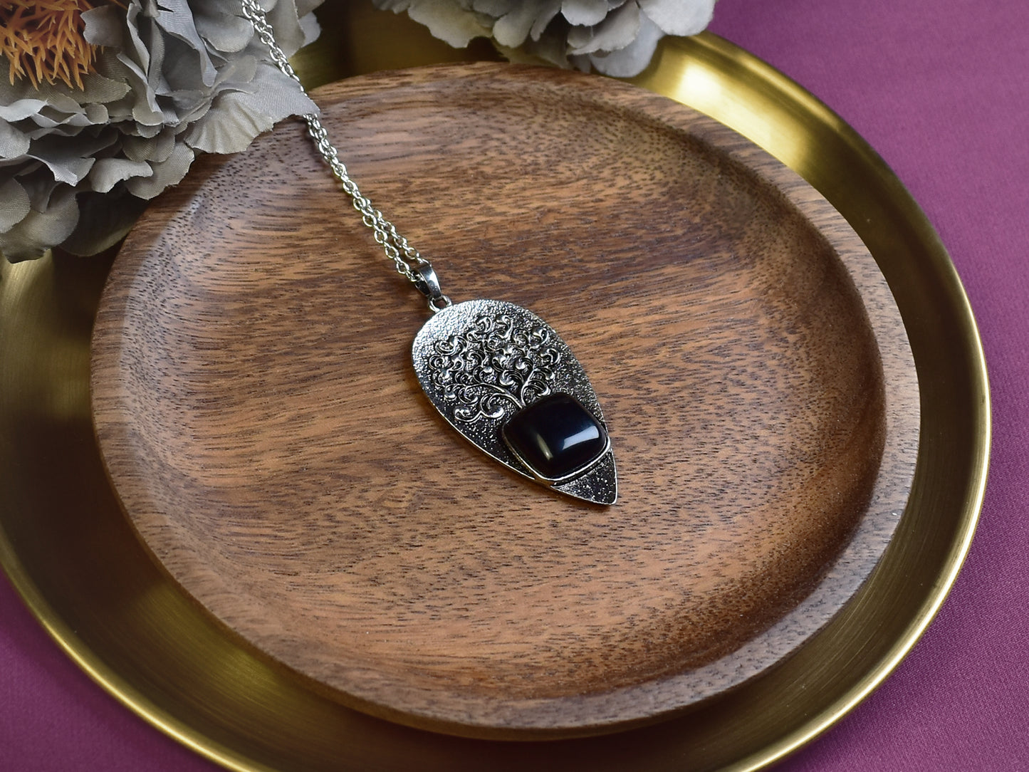 Steel Tree of Life Pendant with Obsidian