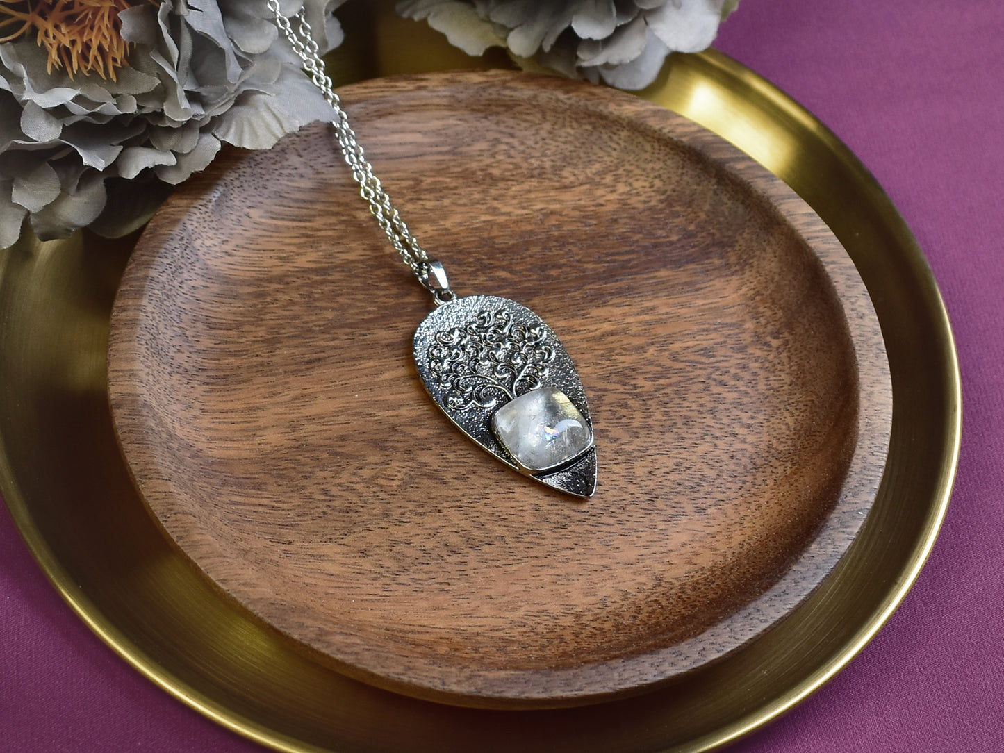 Steel Tree of Life Pendant with Quartz