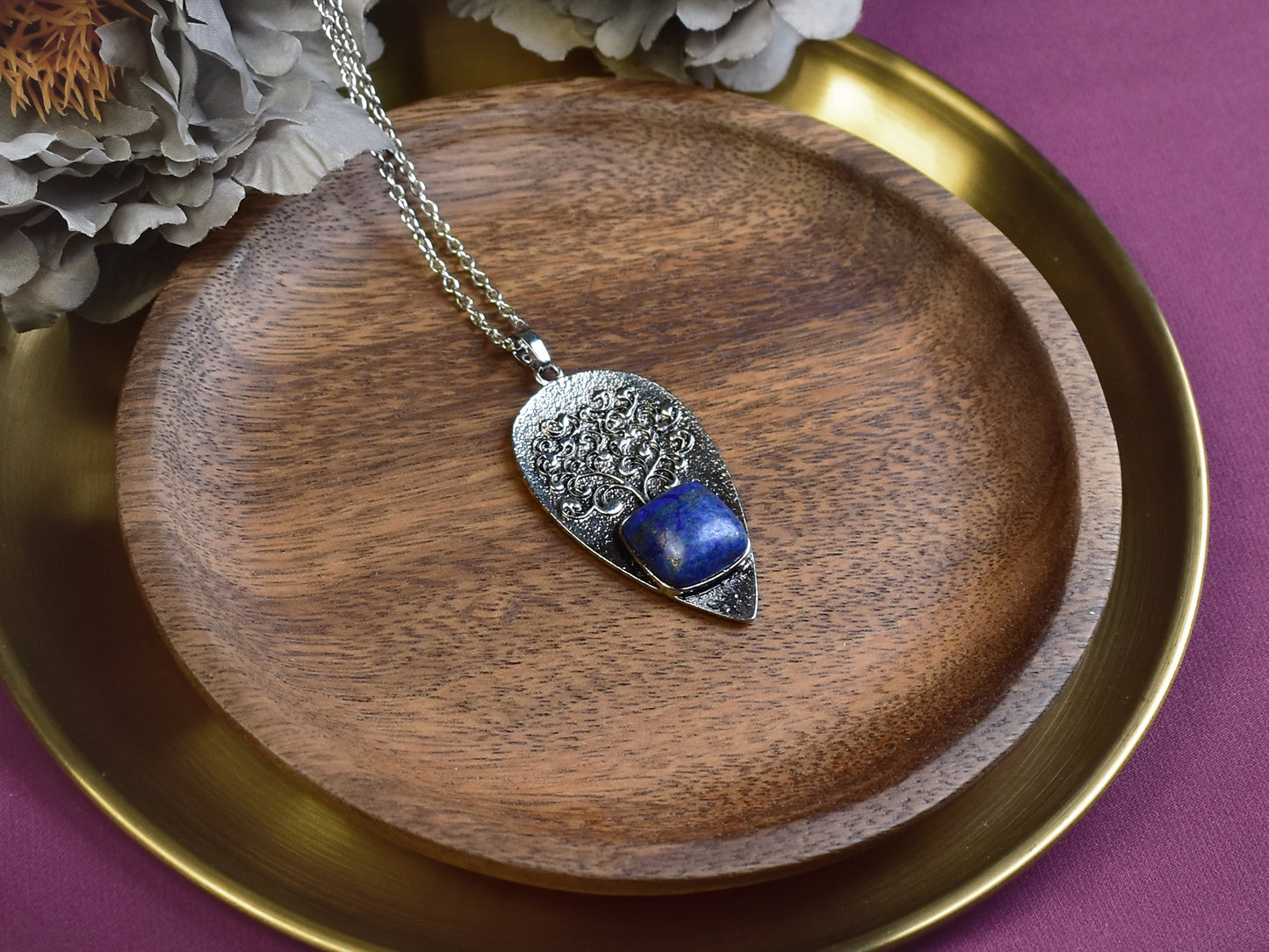 Steel Tree of Life Pendant with Lapis Lazuli