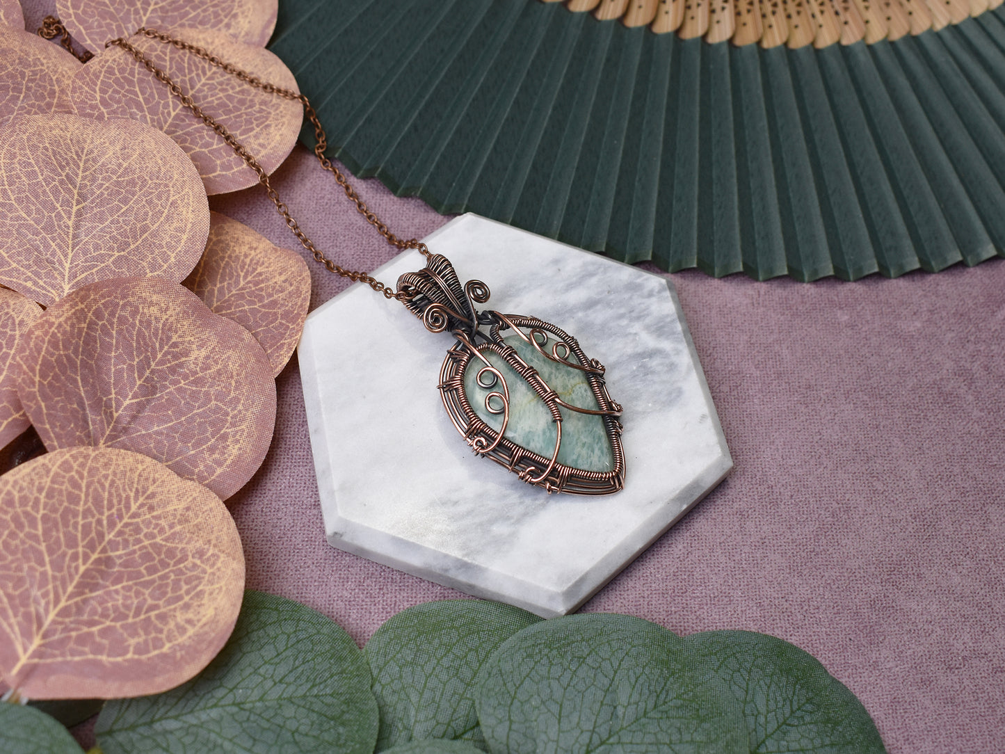 Miedziany wisiorek wire wrapping z amazonitem Spirit Of Copper