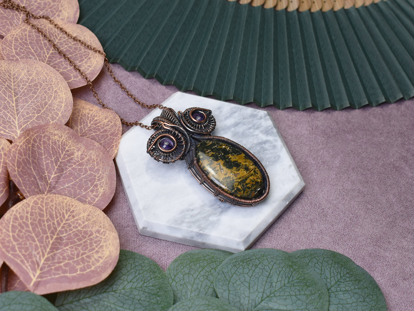 Miedziany wisiorek wire wrapping z jaspisem i ametystem Spirit Of Copper