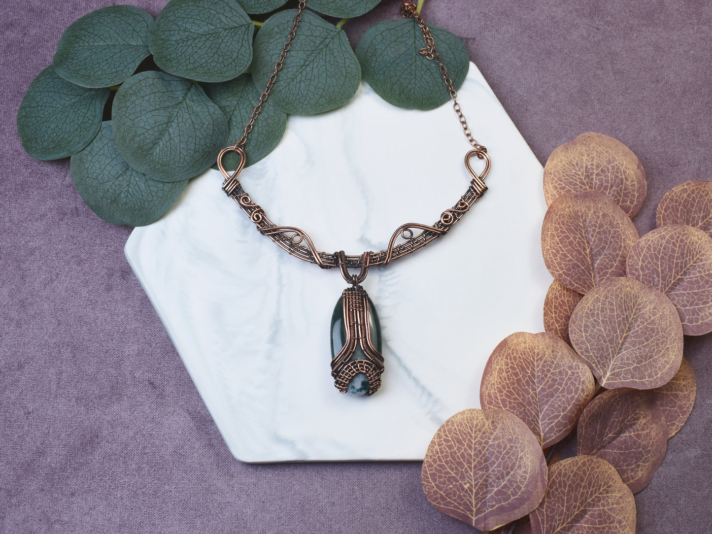 Miedziany naszyjnik wire wrapping z agatem mszystym Spirit Of Copper