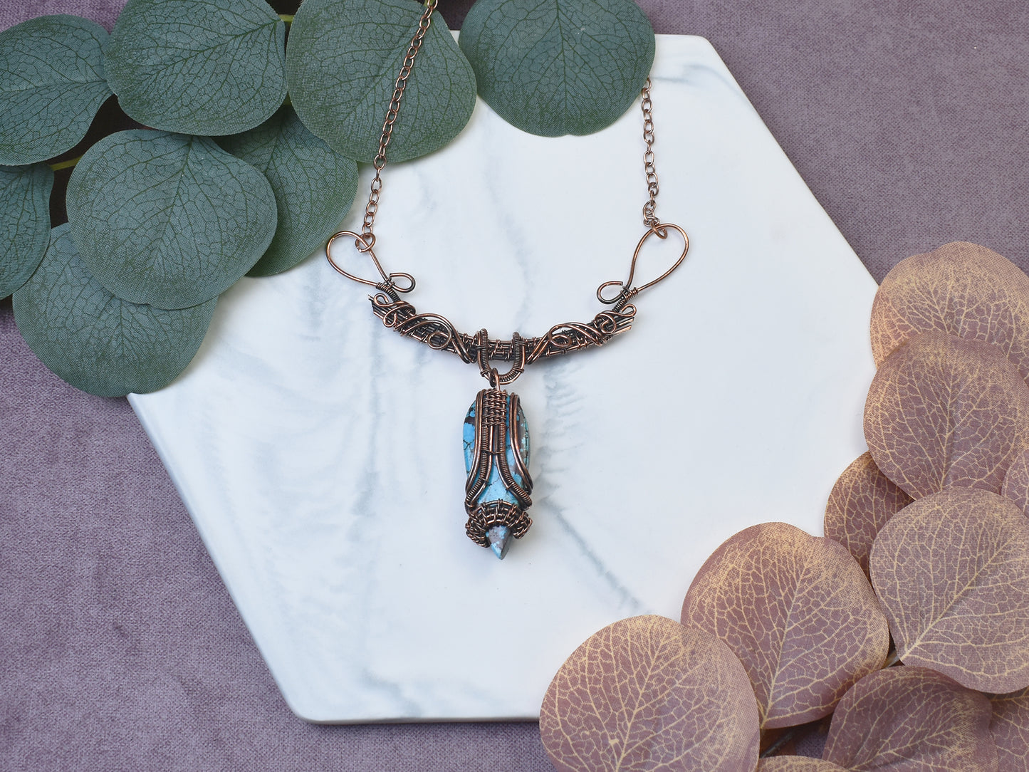 Miedziany naszyjnik wire wrapped z turkusem Spirit Of Copper