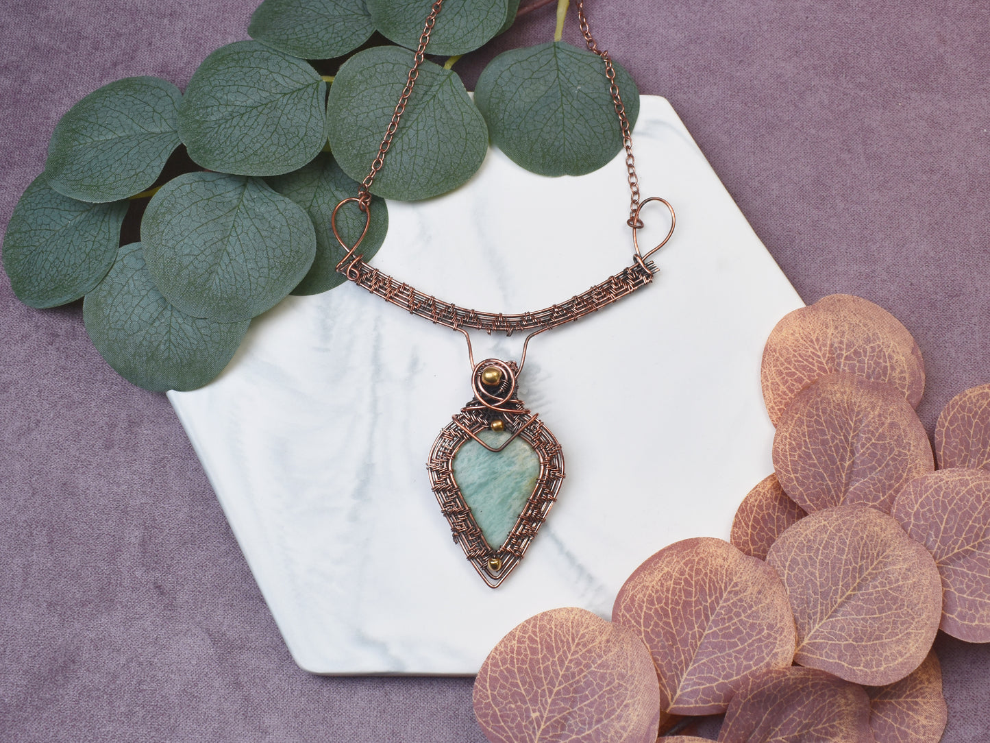 Miedziany naszyjnik wire wrapped z amazonitem Spirit Of Copper