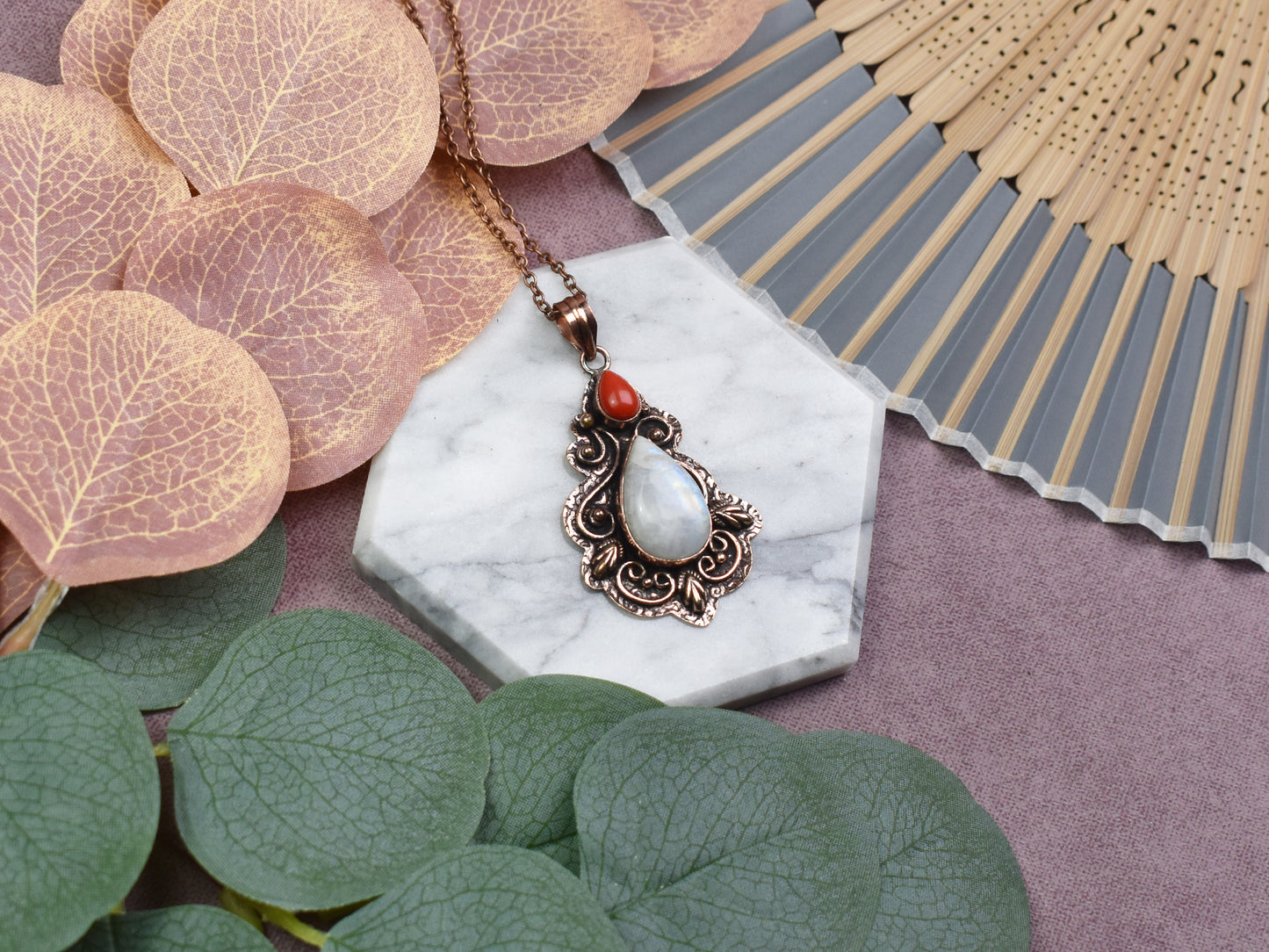 Copper Pendant with Rainbow Moonstone and Coral