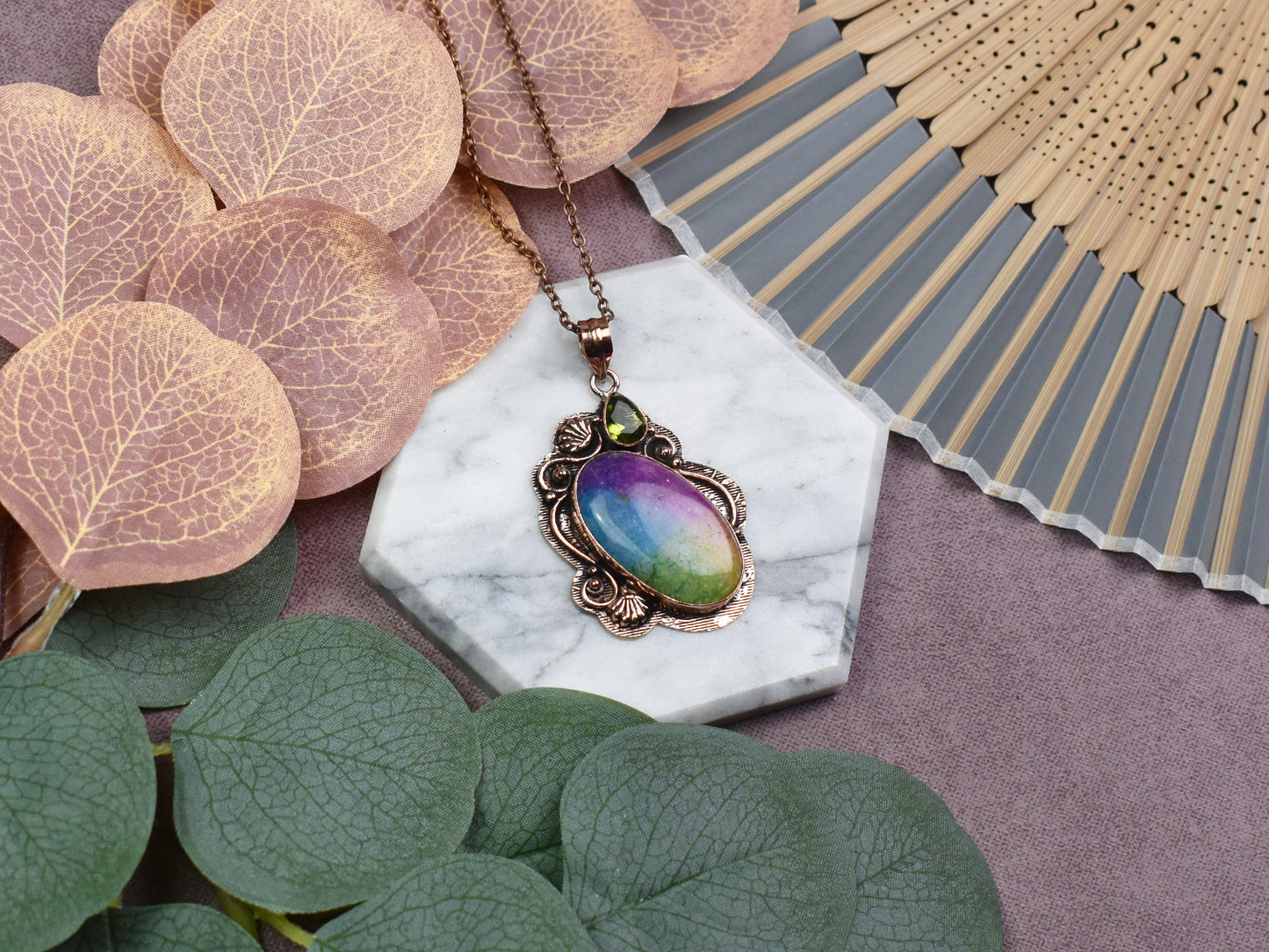 Copper Pendant with Rainbow Solar Quartz and Peridot