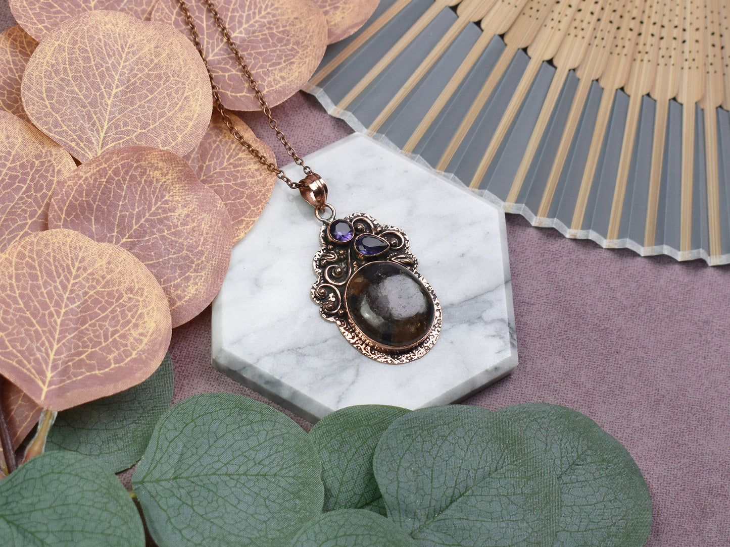 Copper Pendant with Jasper and Amethyst