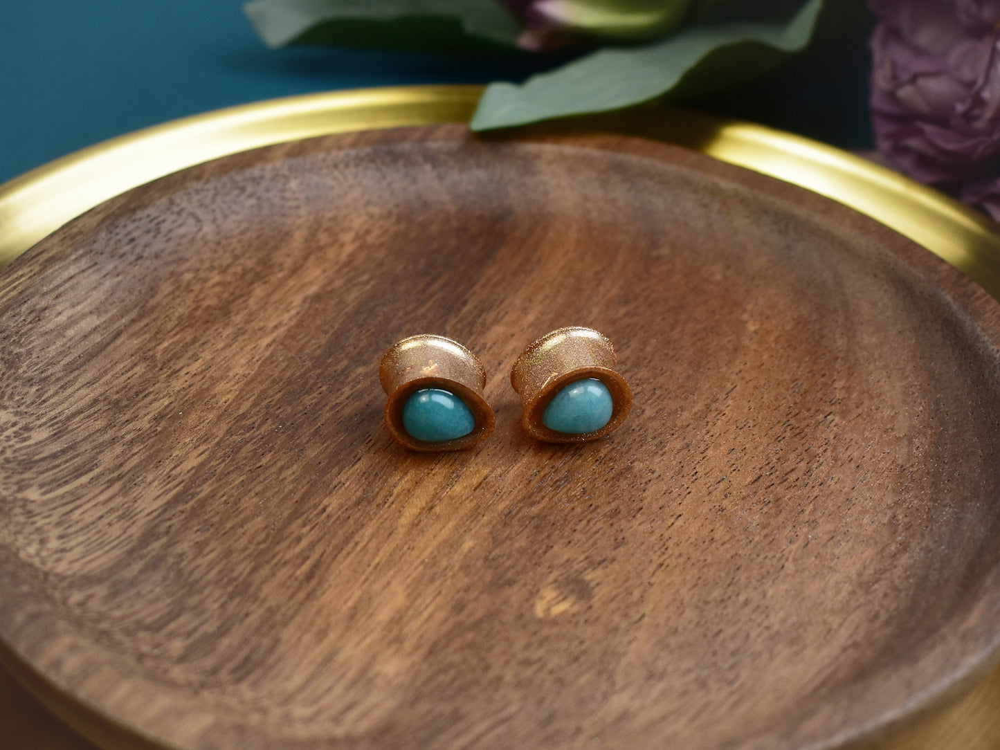 Złote plugi do uszu 12mm z jadeitem | Łezki | Para Spirit Of Copper