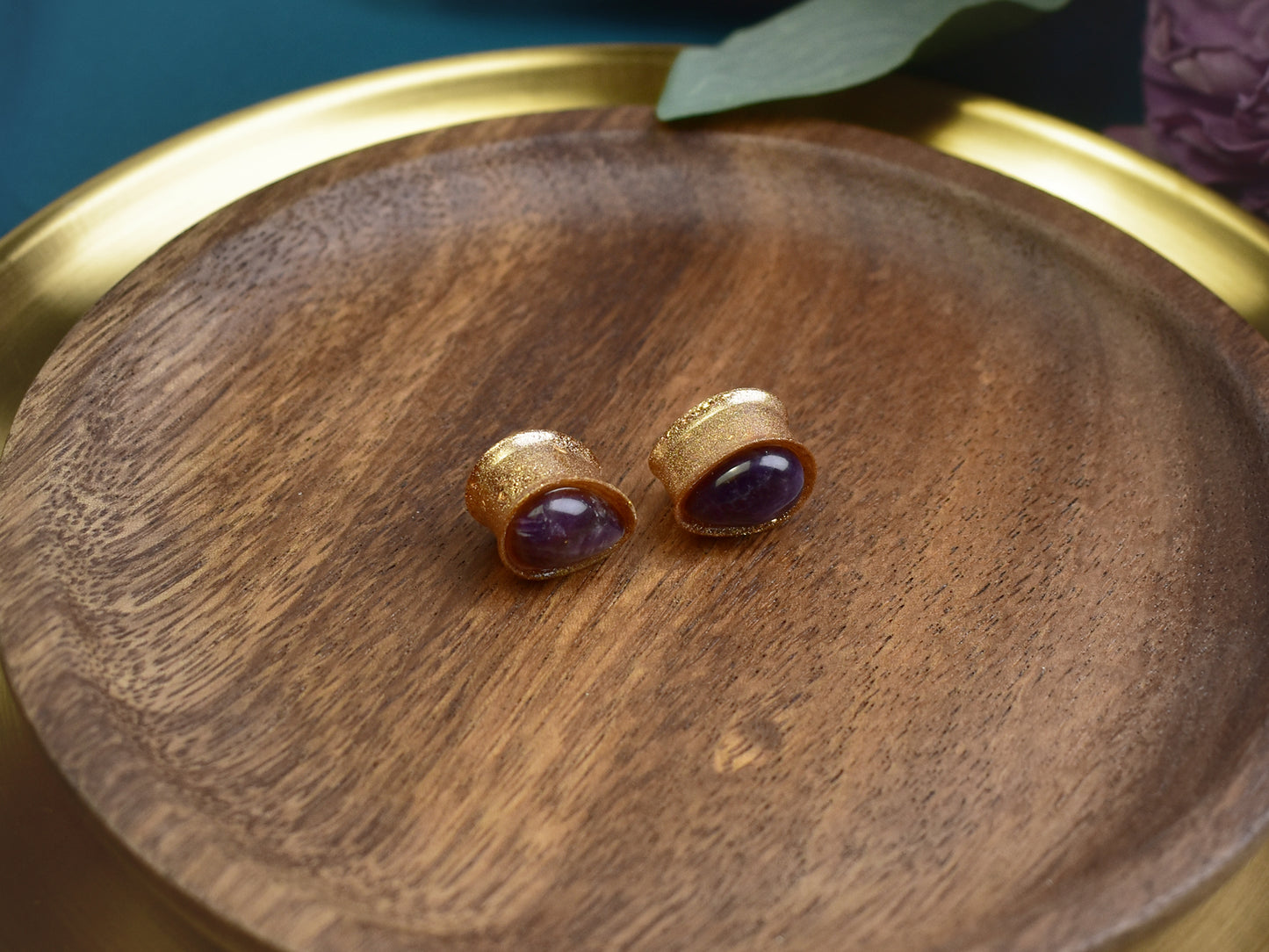 Złote plugi do uszu 14mm z ametystem | Łezki | Para Spirit Of Copper