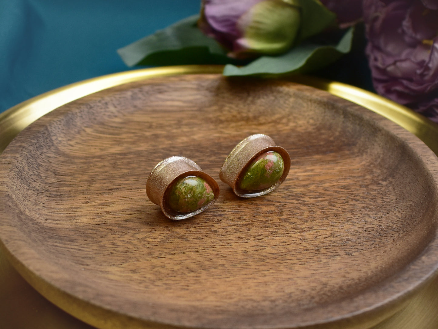 Złote plugi do uszu 19mm z unakitem | Łezki | Para Spirit Of Copper