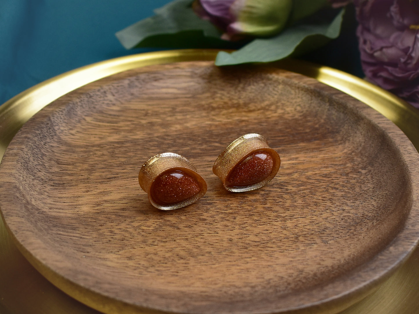 Złote plugi do uszu 19mm z piaskiem pustyni | Łezki | Para Spirit Of Copper