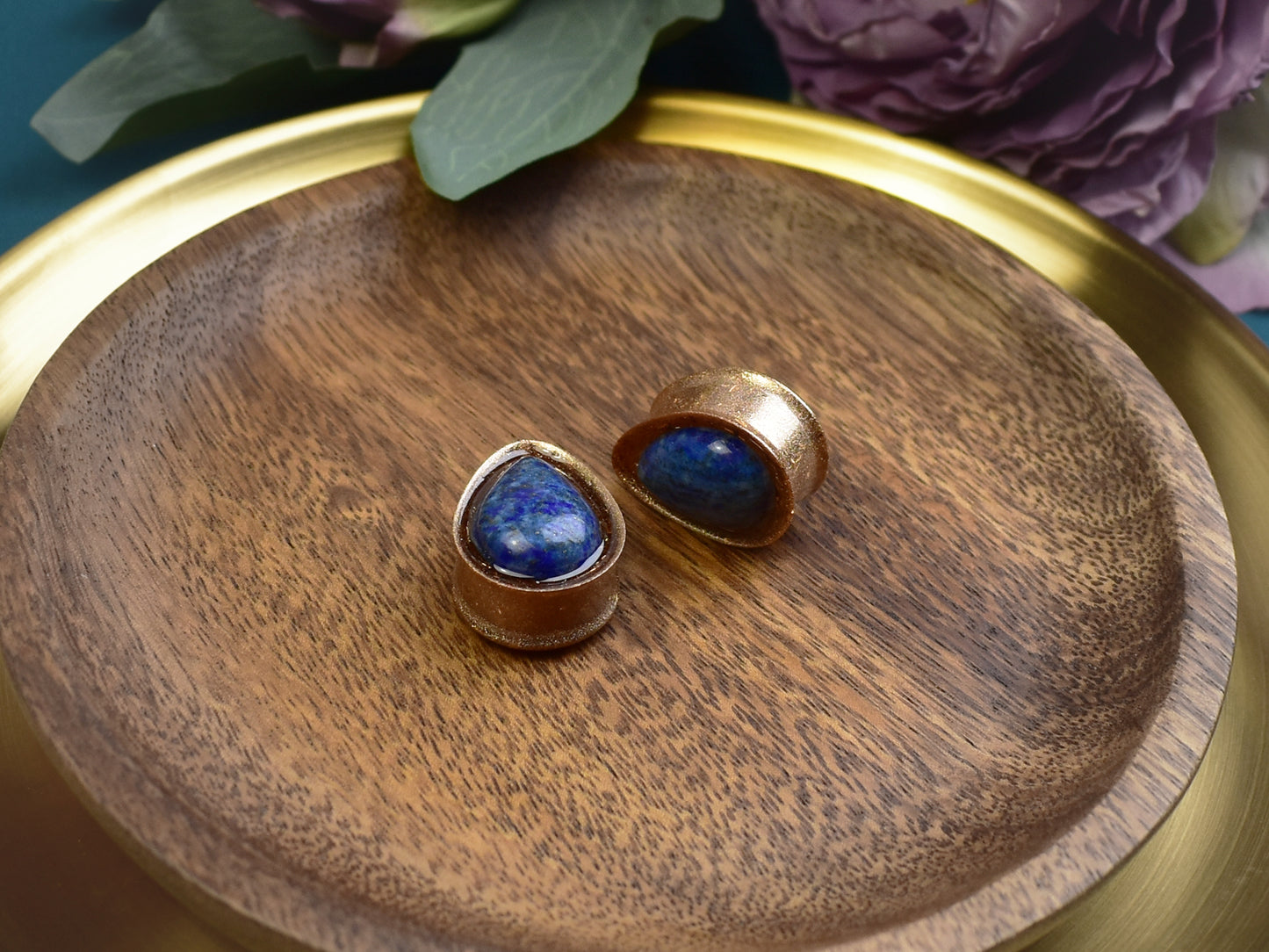 Złote plugi do uszu 22mm z lapisem lazuli | Łezki | Para Spirit Of Copper