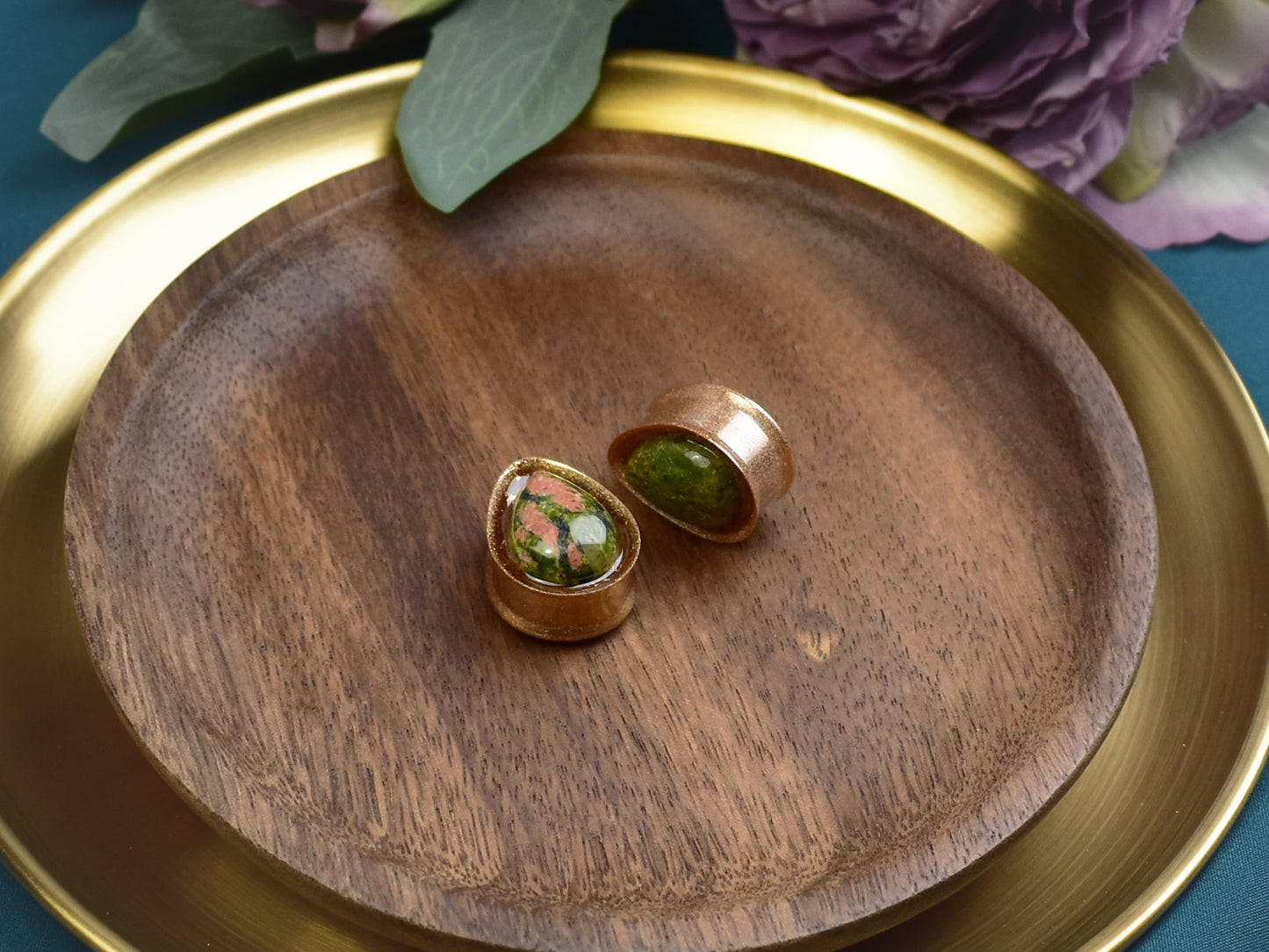 Złote plugi do uszu 22mm z unakitem | Łezki | Para Spirit Of Copper
