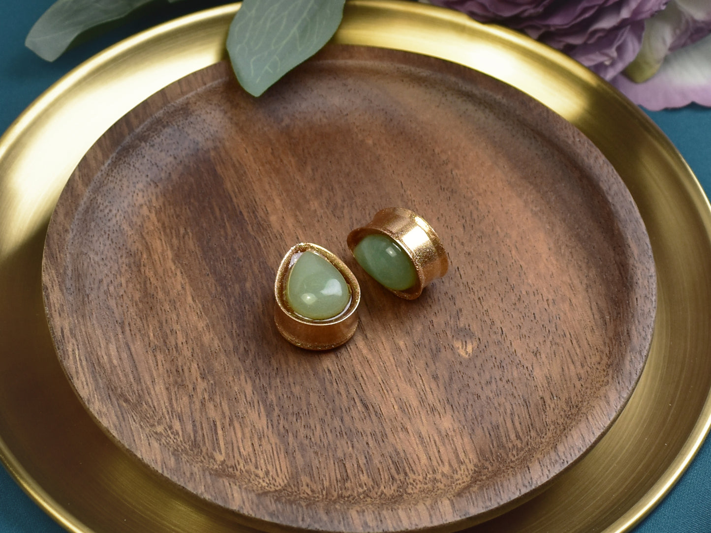 Złote plugi do uszu 22mm z awenturynem | Łezki | Para Spirit Of Copper