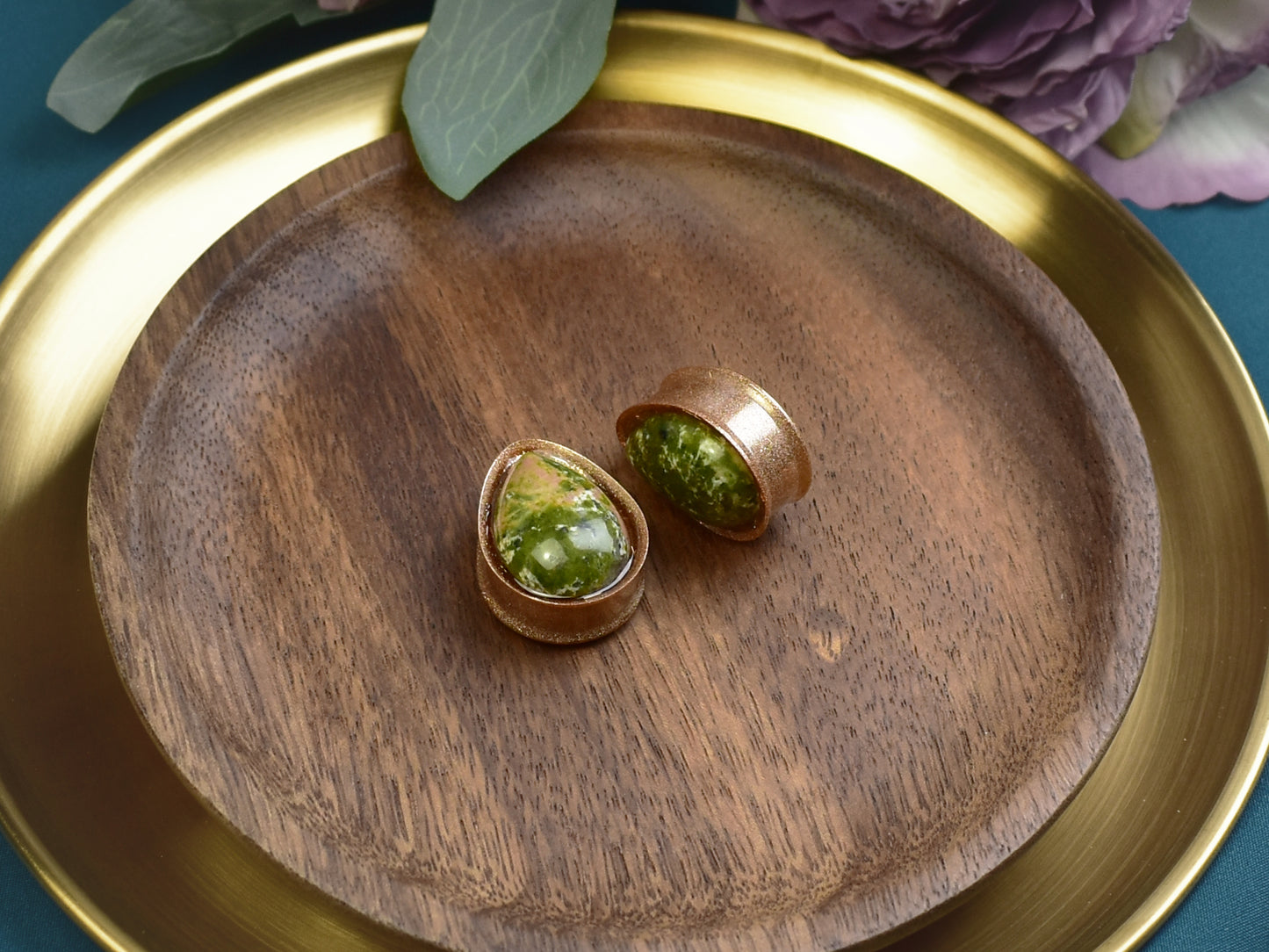 Złote plugi do uszu 25mm z unakitem | Łezki | Para Spirit Of Copper