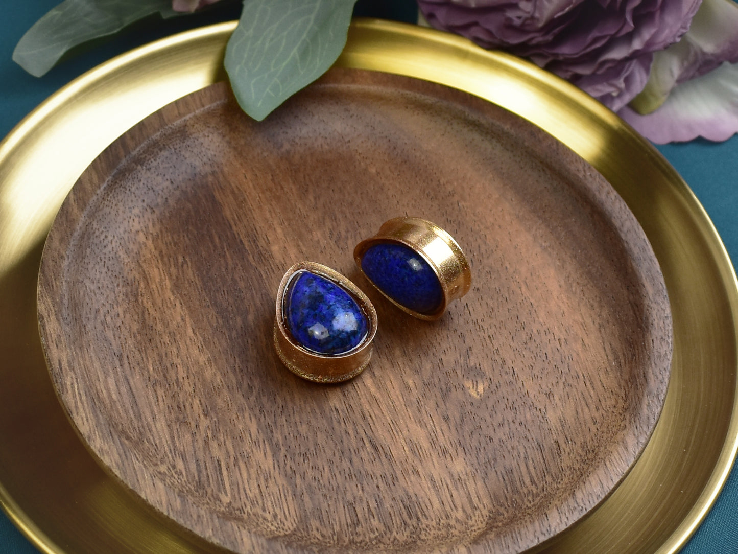 Złote plugi do uszu 25mm z lapisem lazuli | Łezki | Para Spirit Of Copper