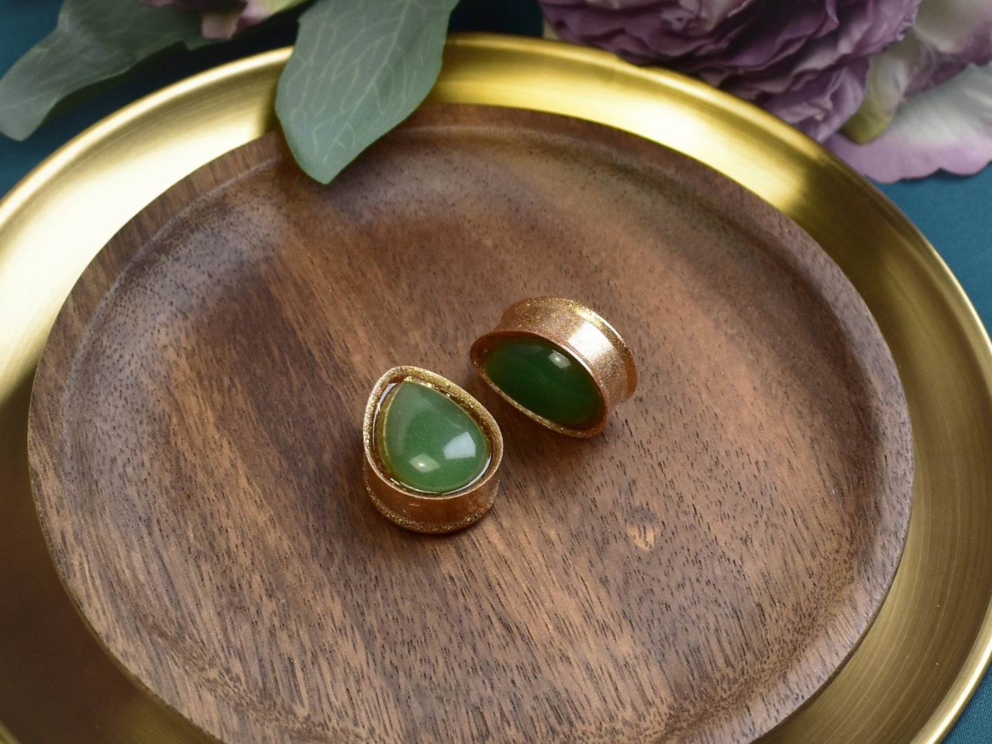 Złote plugi do uszu 25mm z awenturynem | Łezki | Para Spirit Of Copper