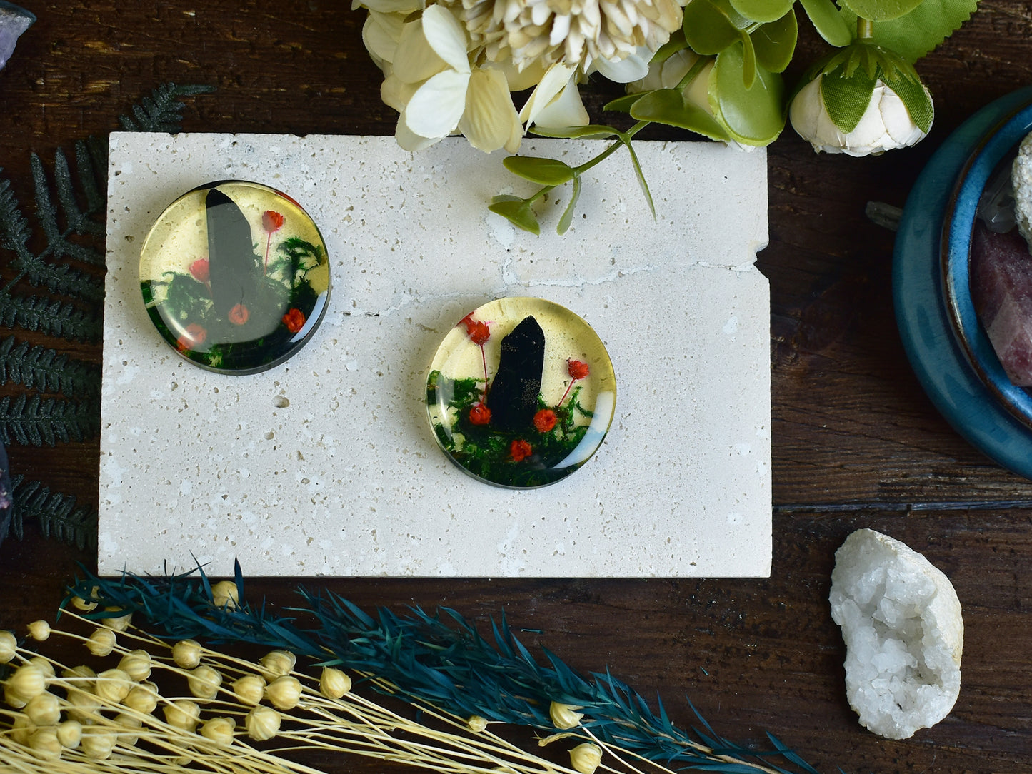 Plugi do uszu 40mm | Turmalin, mech i suszone kwiaty | Para Spirit Of Copper