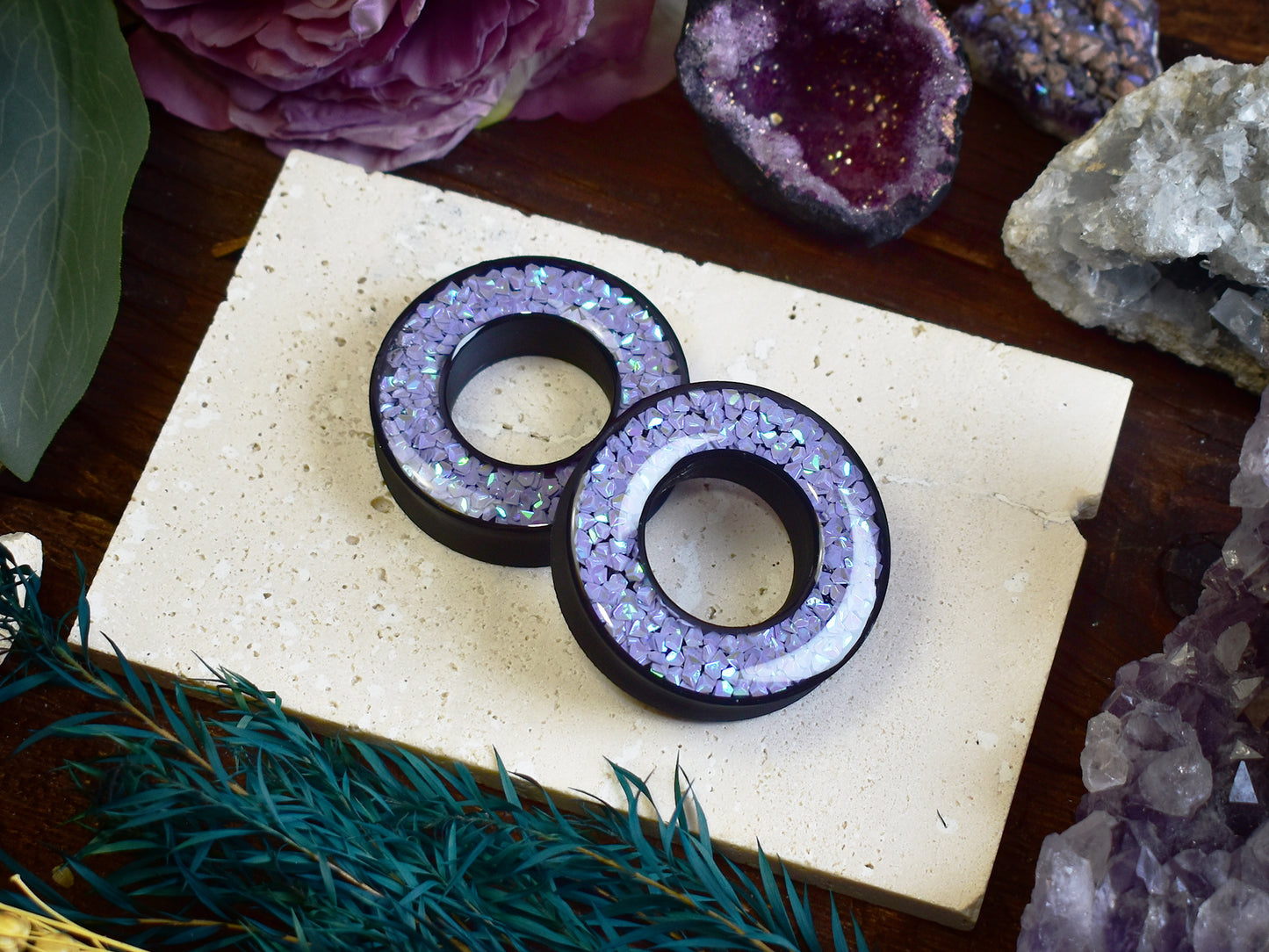 Donut Ohrtunnels 20-100 mit holografischem Diamant-Glitzer