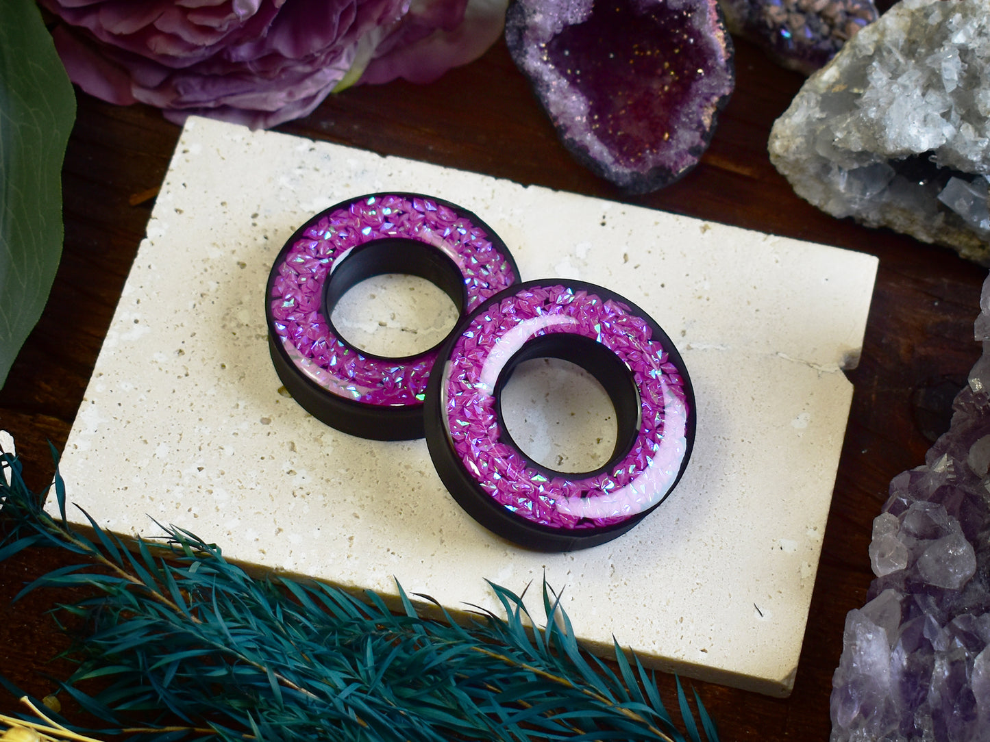 Tunele do uszu Donut 20–100 mm z Holograficznymi Diamencikami