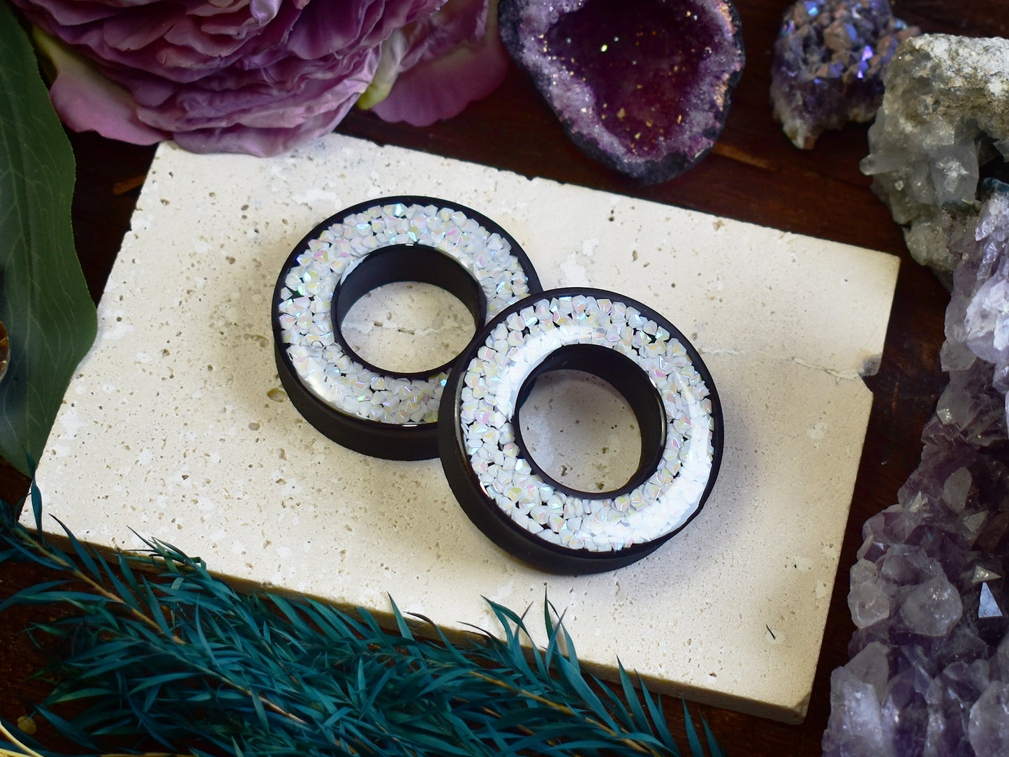 Tunele do uszu Donut 20–100 mm z Holograficznymi Diamencikami