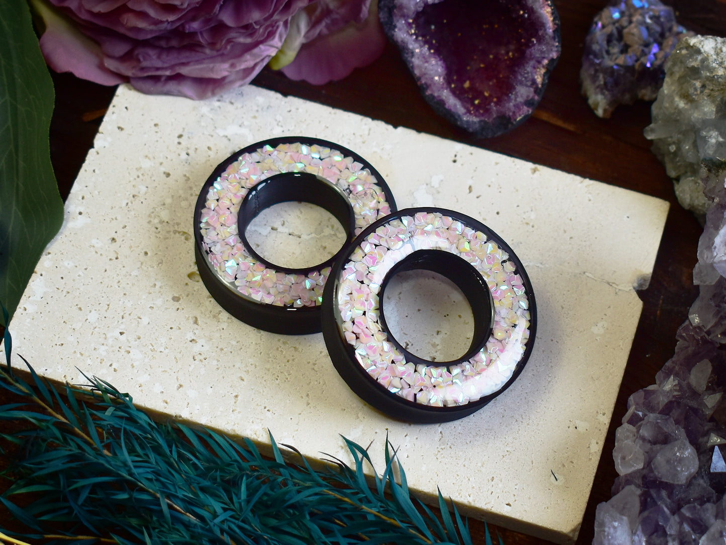 Tunele do uszu Donut 20–100 mm z Holograficznymi Diamencikami