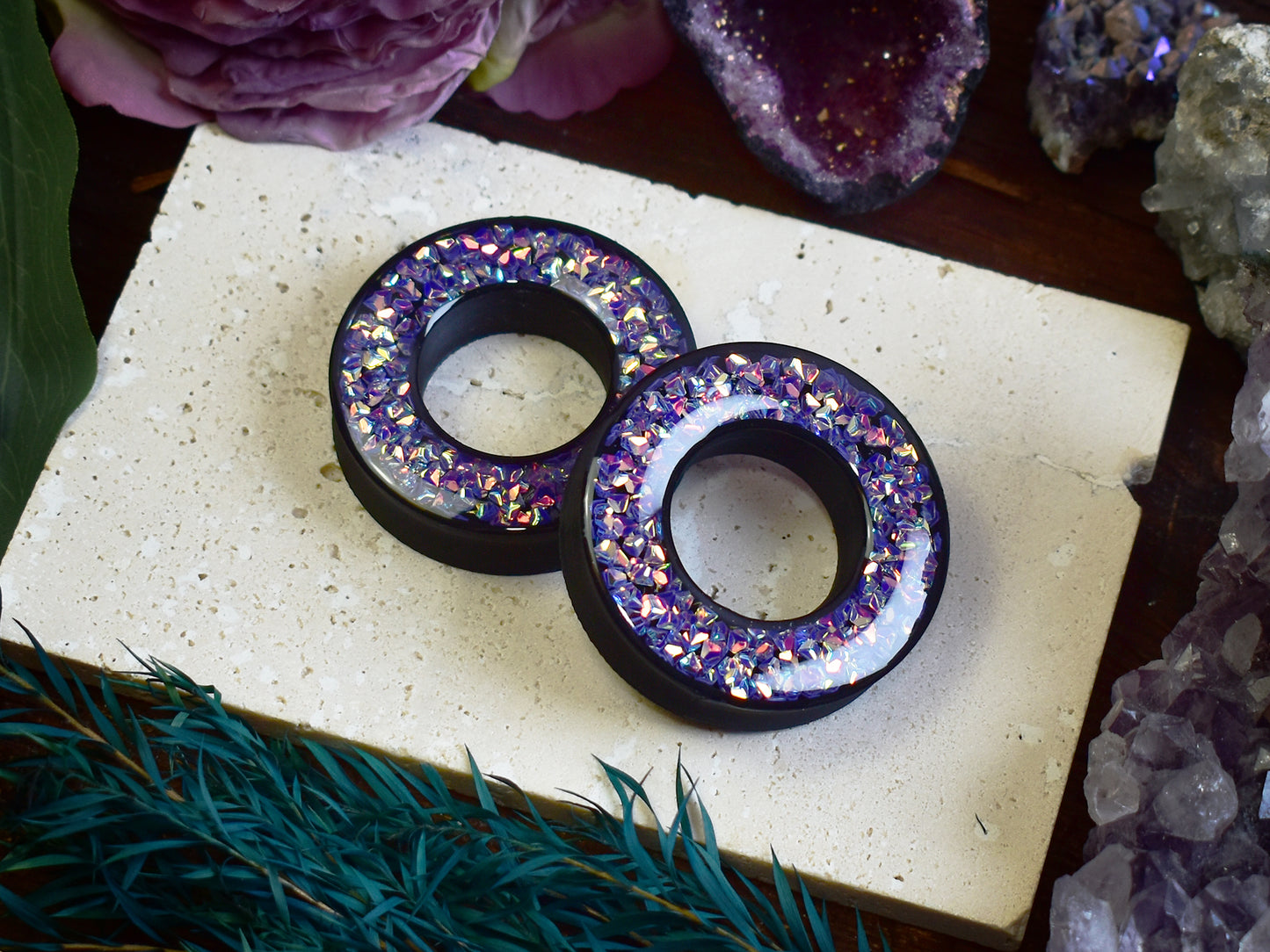 Tunele do uszu Donut 20–100 mm z Holograficznymi Diamencikami