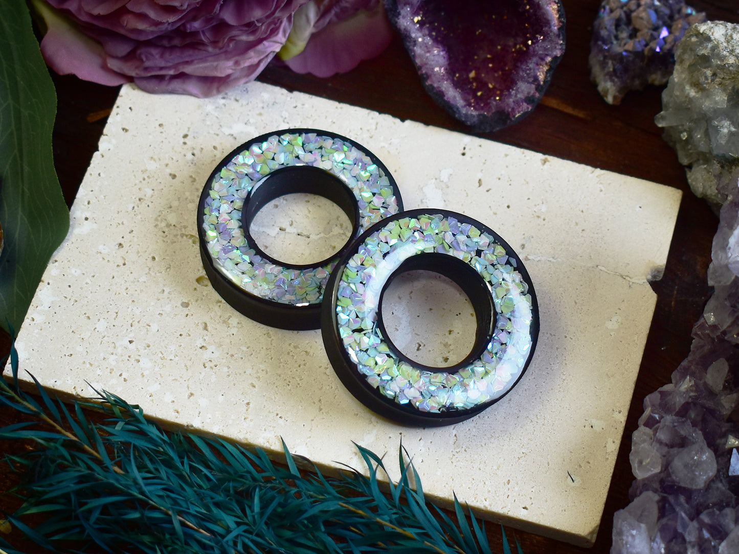 Tunele do uszu Donut 20–100 mm z Holograficznymi Diamencikami