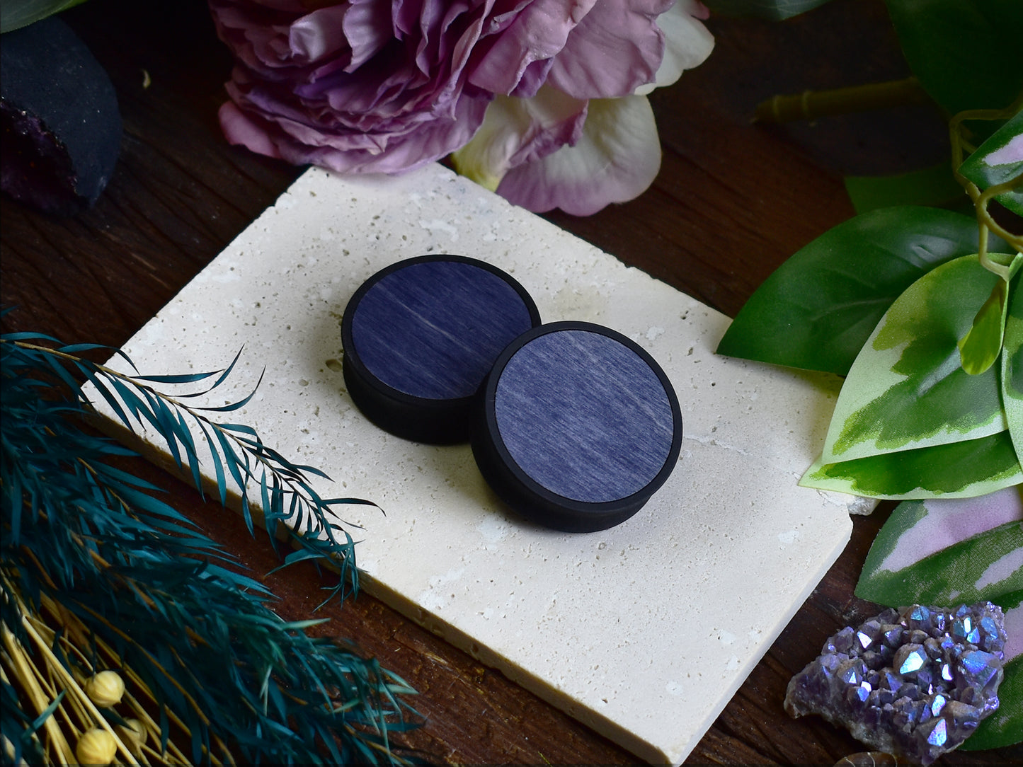 Túneles de oreja 10–100 mm con Relleno de Madera | Azul Denim Oscuro