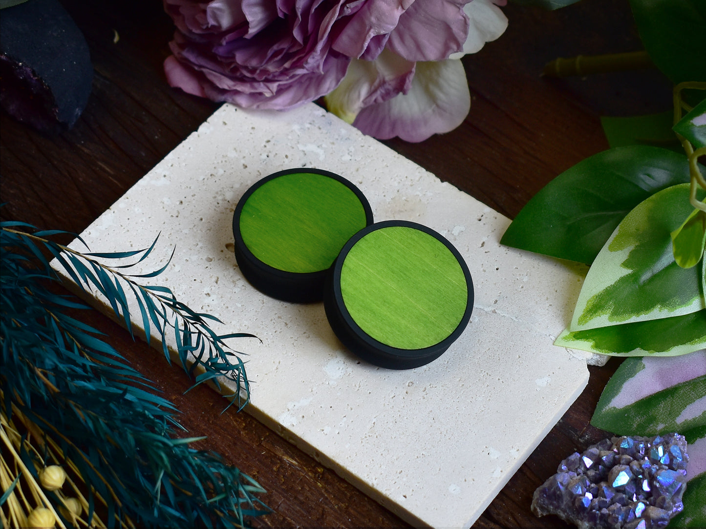 Ear Tunnels 10-100mm with Wood Inlay | Lime Green