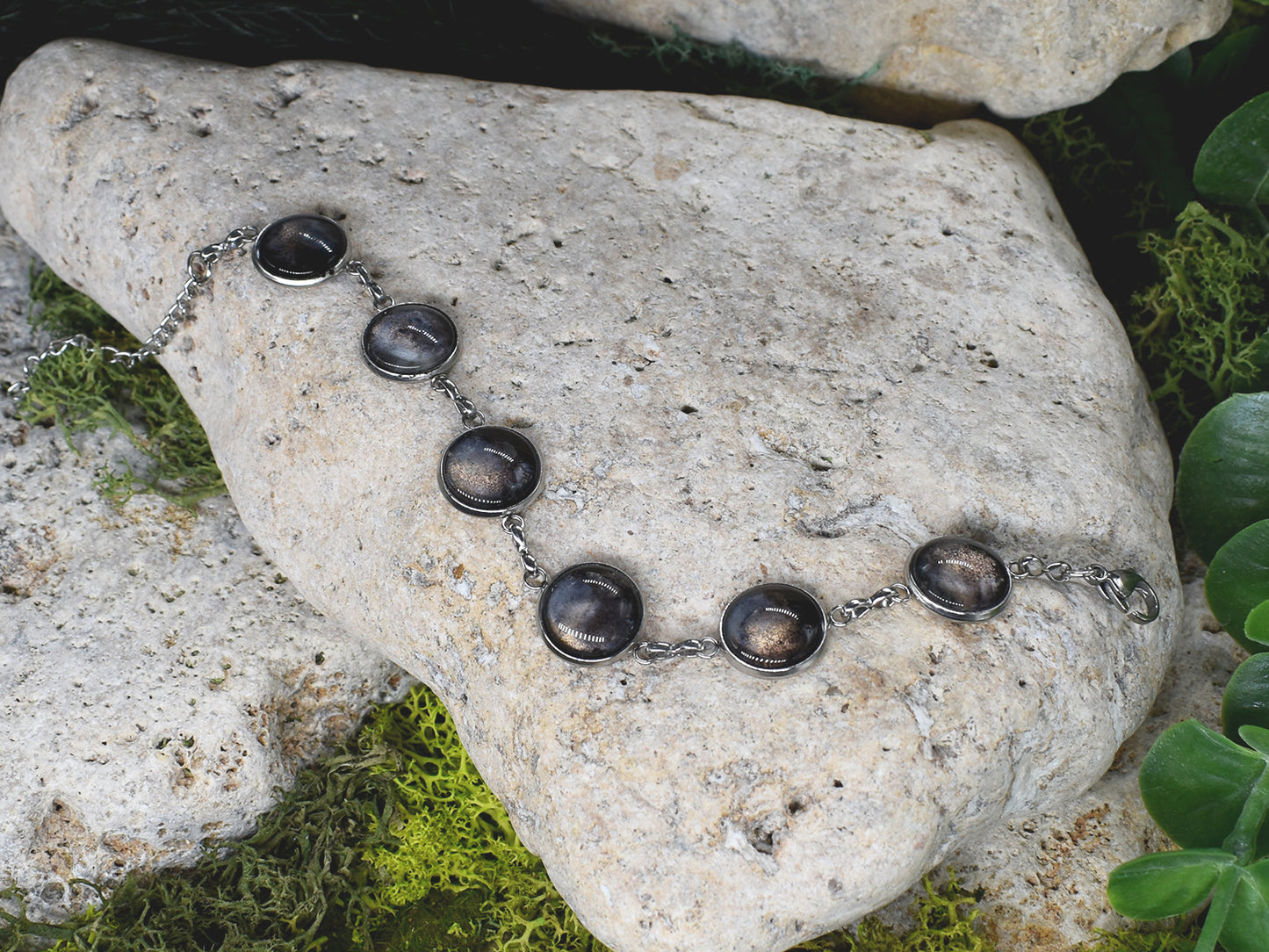 Steel Bracelet with Cosmic Painted Glass