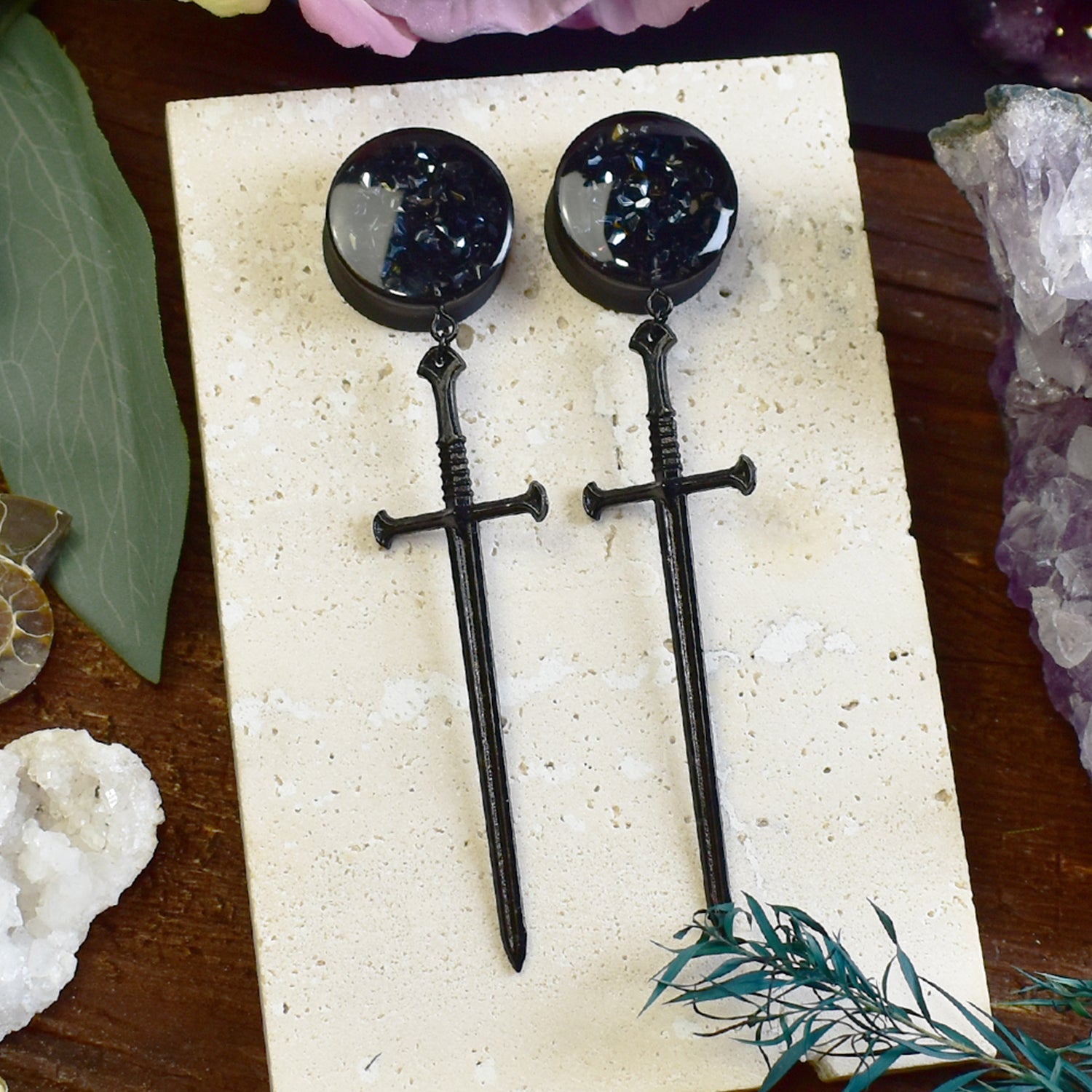 Black sword pendant ear tunnels with black rhinestones, lightweight 3D printed jewelry for stretched ears