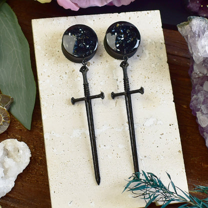 Black sword pendant ear tunnels with black rhinestones, lightweight 3D printed jewelry for stretched ears