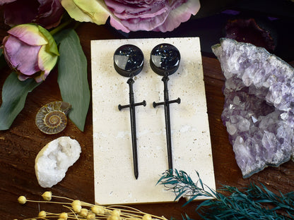 Lightweight ear tunnels with black sword pendant and black rhinestones, perfect for stretched ears