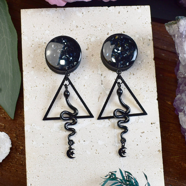 Black snake pendant ear tunnels with black rhinestones, lightweight 3D printed jewelry for stretched ears