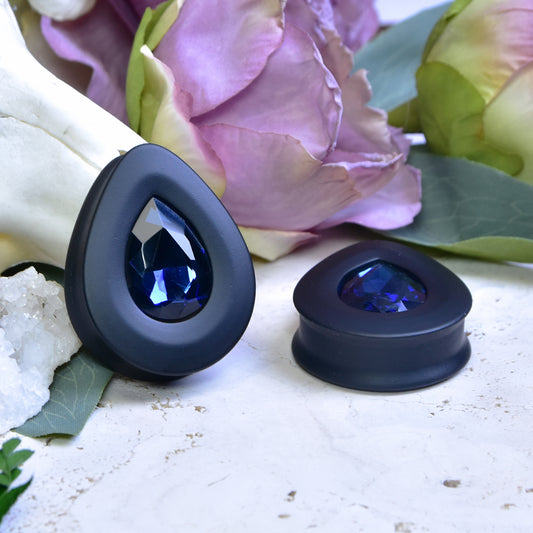 Teardrop Ear Plugs with Glass Crystal - Montana Blue