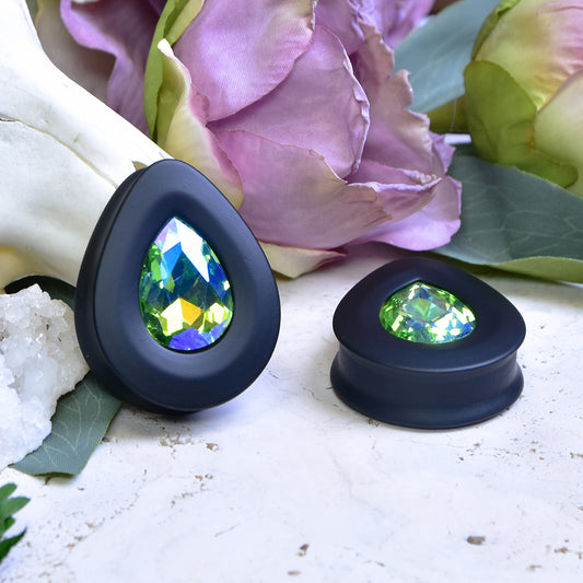 Teardrop Ear Plugs with Glass Crystal - Peridot AB