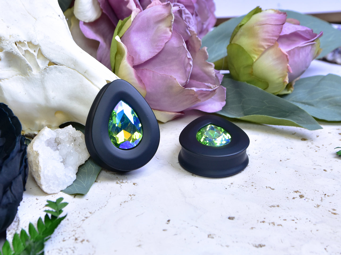 Teardrop Ear Plugs with Glass Crystal - Peridot AB