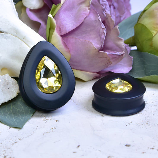 Teardrop Ear Plugs with Glass Crystal - Jonquil