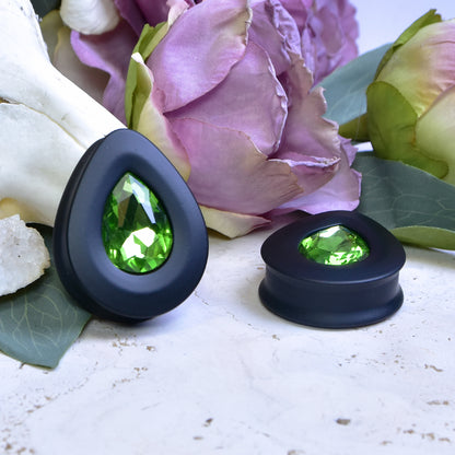 Teardrop Ear Plugs with Glass Crystal - Peridot