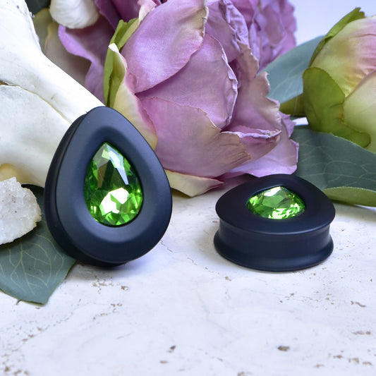Teardrop Ear Plugs with Glass Crystal - Peridot
